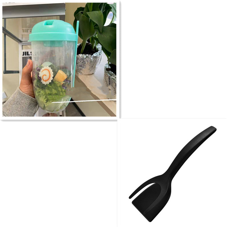 Hand holding a clear salad cup with a light blue lid and a built-in fork.