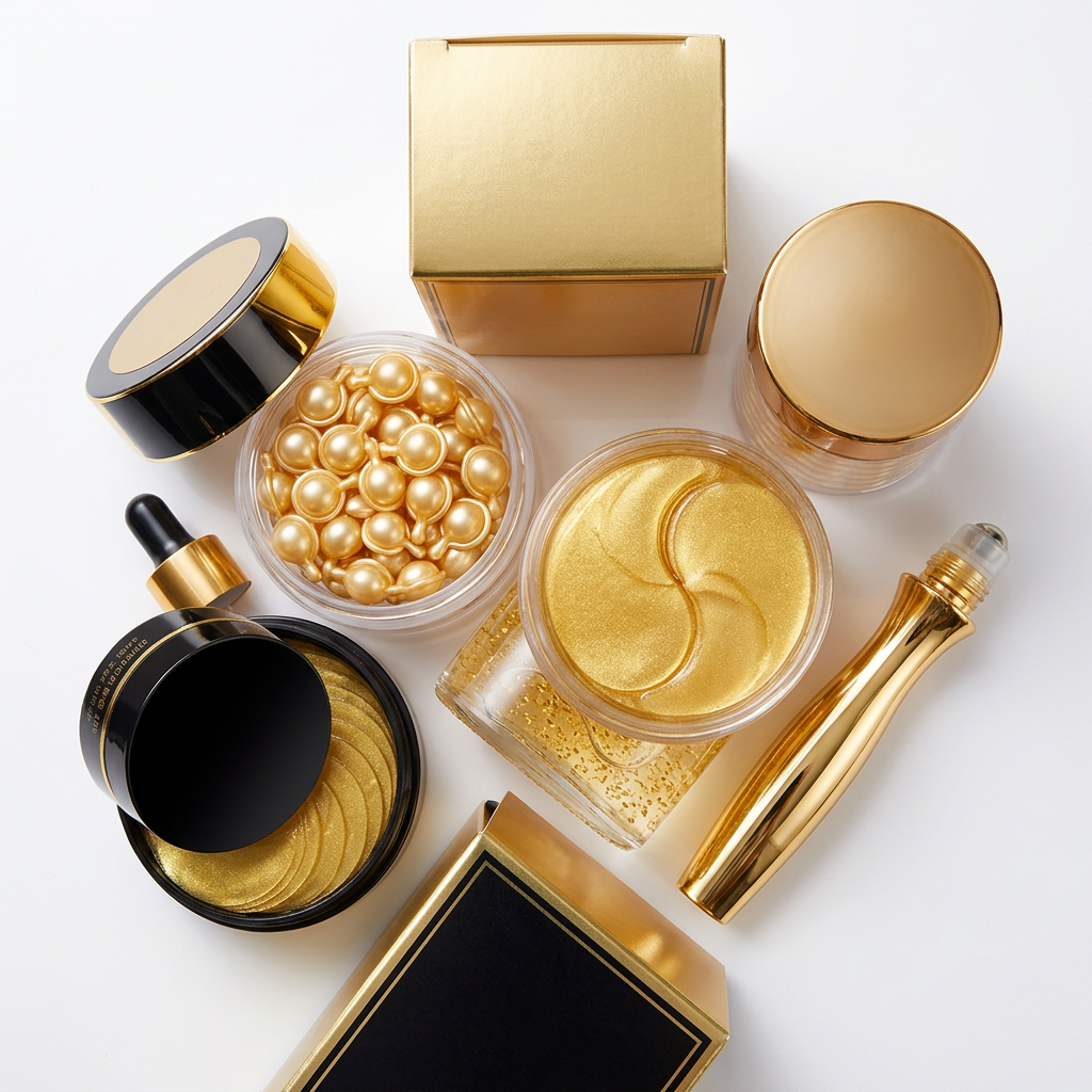 Skincare set including gold boxes, jars of gold serum capsules and eye patches, dropper bottle, and a gold roller.
