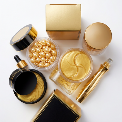 Skincare set including gold boxes, jars of gold serum capsules and eye patches, dropper bottle, and a gold roller.
