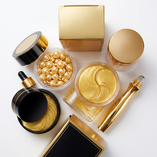 Skincare set including gold boxes, jars of gold serum capsules and eye patches, dropper bottle, and a gold roller.