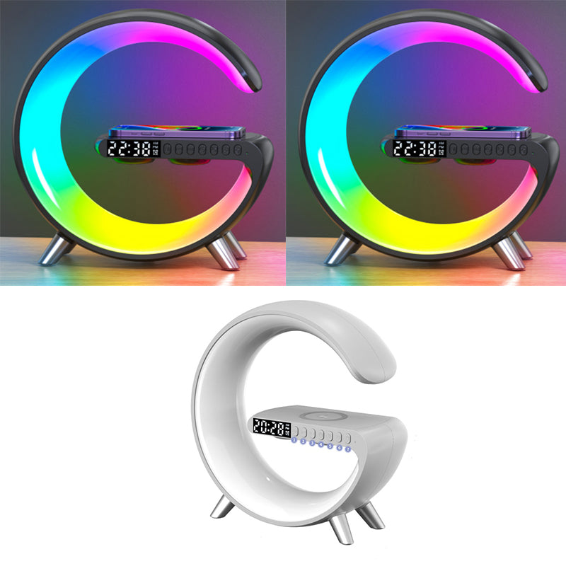G-shaped LED lamp with wireless charger, digital clock, and speaker for bedroom bedside use.