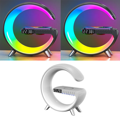 G-shaped LED lamp with wireless charger, digital clock, and speaker for bedroom bedside use.