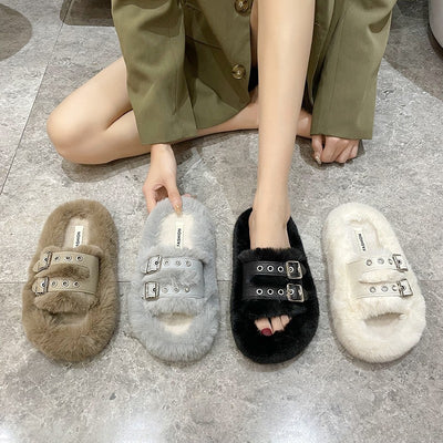 Leather Metal Fluffy Slippers Women's Outer Wear