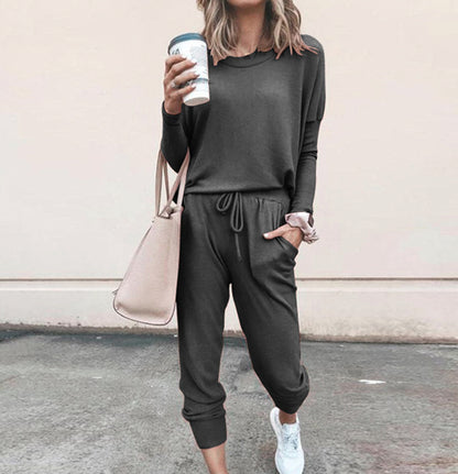 Women’s Casual Chic Lounge Set – Long Sleeve Pullover Top & Drawstring Pants with Pockets – Effortless Style & Comfort”