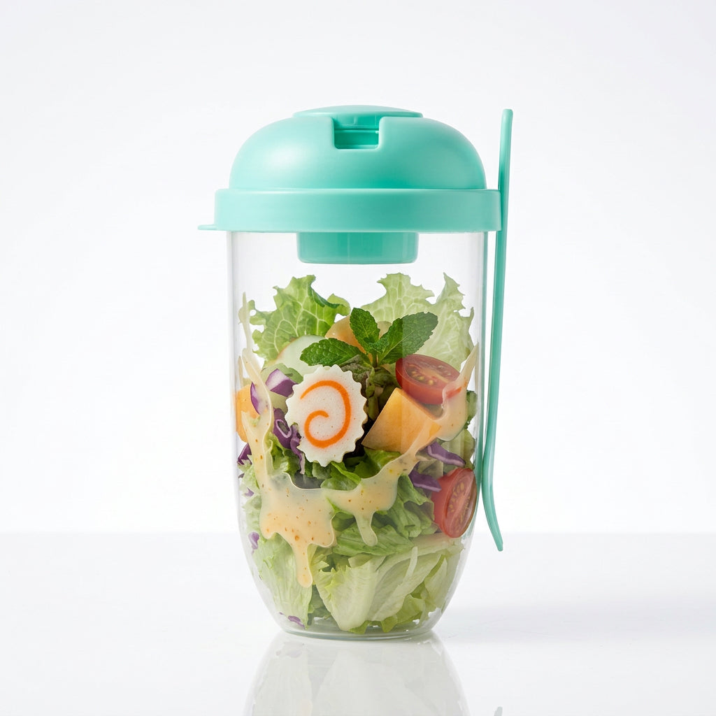 Light green salad cup container filled with lettuce, tomatoes, and dressing, featuring a matching lid and fork.