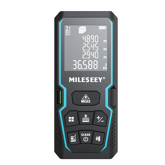 Black and blue laser distance meter with digital display and control buttons.