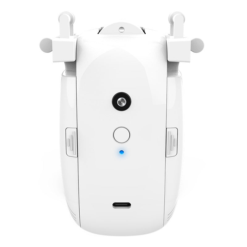White smart curtain motor device with a central circular lens, button, blue indicator light, and USB-C port.
