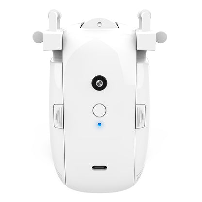 White smart curtain motor device with a central circular lens, button, blue indicator light, and USB-C port.