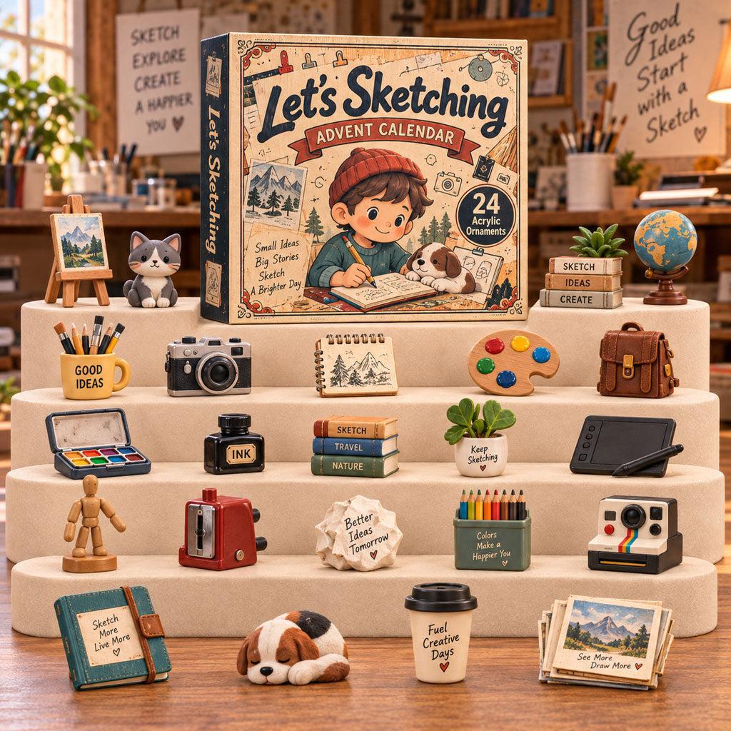 Let's Sketching advent calendar box displayed with twenty-four miniature art-themed collectibles arranged on tiered shelves.