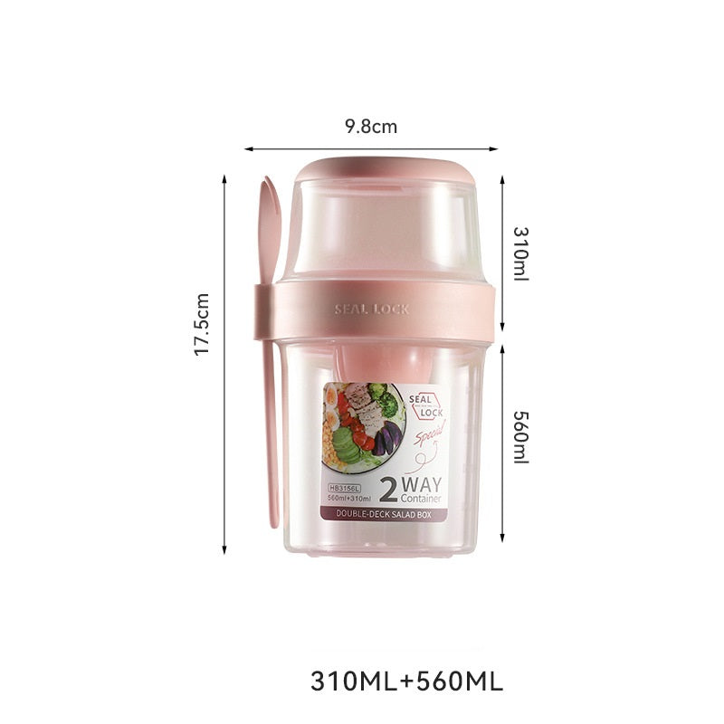 Pink double-layer salad container with a fork and dimension labels showing 17.5cm height and 9.8cm width.