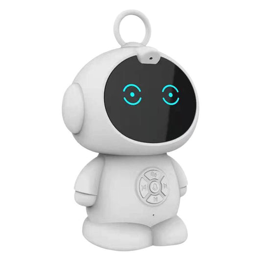 White interactive robot toy with a round black screen, glowing blue eyes, and a directional control pad on its belly.