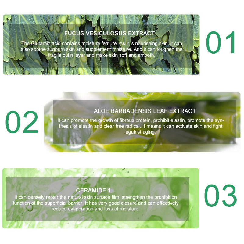 Ingredient highlights for fucus extract, aloe leaf extract and ceramide