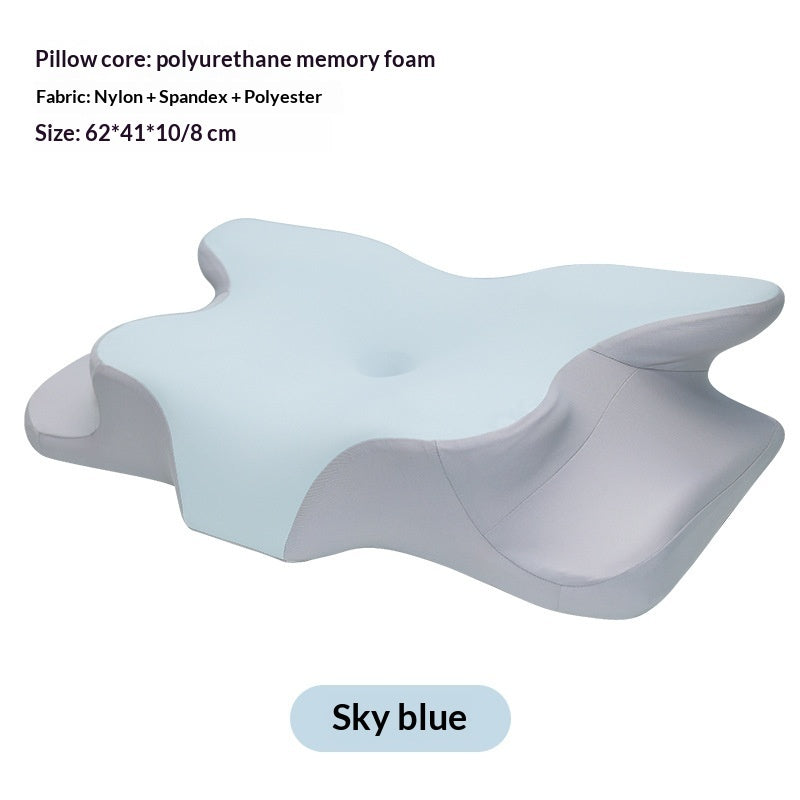 Sky blue ergonomic contour memory foam neck support pillow with grey side panels and specifications overlay.