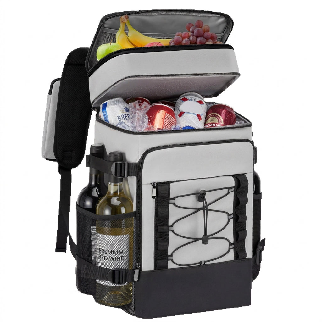 Cooler backpack in light shade with drinks, fruit and side bottle pockets