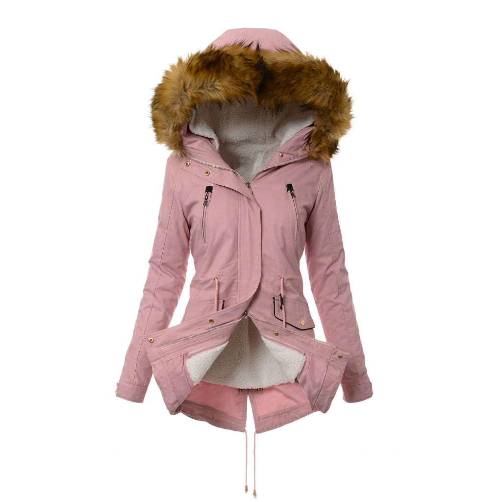 Pink mid-length hooded parka coat with a faux fur-trimmed hood and sherpa lining.