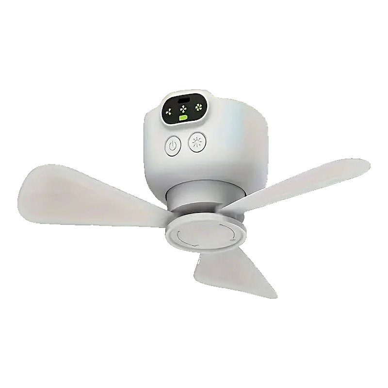 White hanging ceiling fan with light, digital display, and dimension indicators showing 27cm width and 11.4cm height.