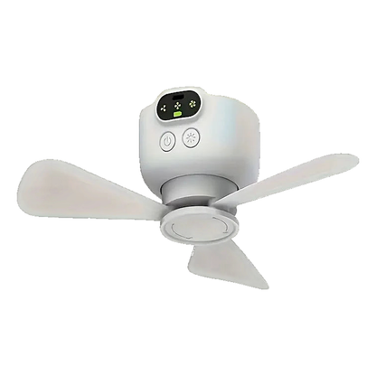 White hanging ceiling fan with light, digital display, and dimension indicators showing 27cm width and 11.4cm height.