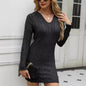 Fashion V - Neck Hooded Long Sleeve Knit Dress Ins Solid Color Slim Waisted Hip Dress Womens Clothing - merch gone viral.