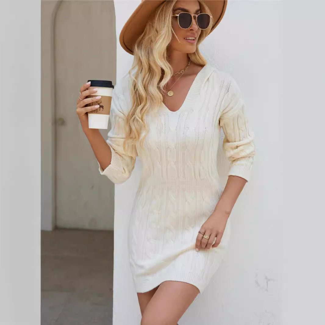Fashion V - Neck Hooded Long Sleeve Knit Dress Ins Solid Color Slim Waisted Hip Dress Womens Clothing - merch gone viral.