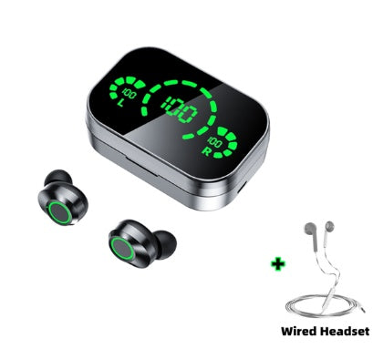 Wireless earbuds with digital LED display charging case and bonus wired headset