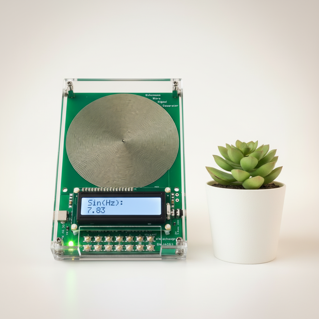 Green circuit board with spiral copper coil and digital screen signal generator for testing laboratory electronics.