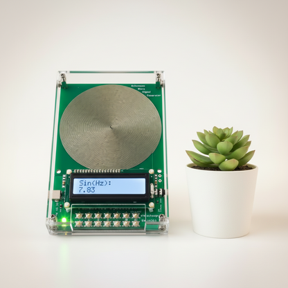 Green circuit board with spiral copper coil and digital screen signal generator for testing laboratory electronics.