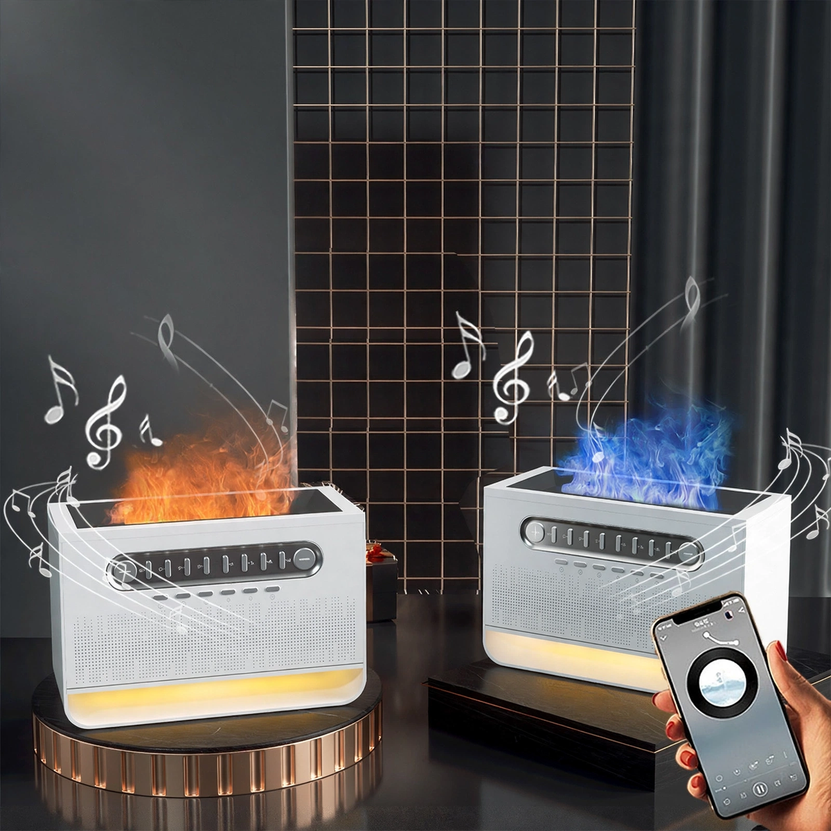Two white flame-effect aroma humidifiers with speakers, one with orange flame and one with blue flame and a phone.