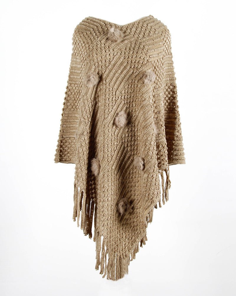 Fringed Cloak Shawl Hair Ball Solid Color Sweater - merch gone viral.