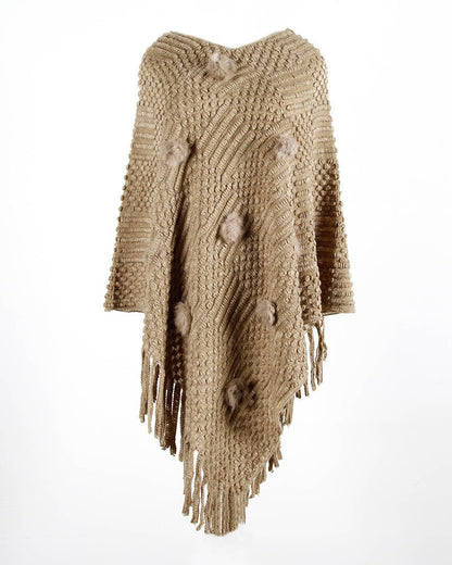 Fringed Cloak Shawl Hair Ball Solid Color Sweater - merch gone viral.