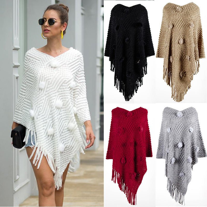 Fringed Cloak Shawl Hair Ball Solid Color Sweater - merch gone viral.