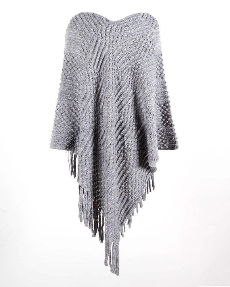Fringed Cloak Shawl Hair Ball Solid Color Sweater - merch gone viral.