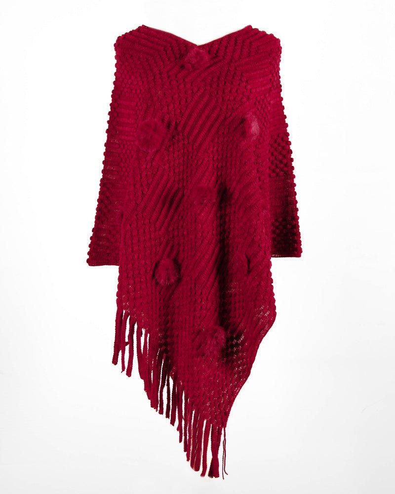 Fringed Cloak Shawl Hair Ball Solid Color Sweater - merch gone viral.