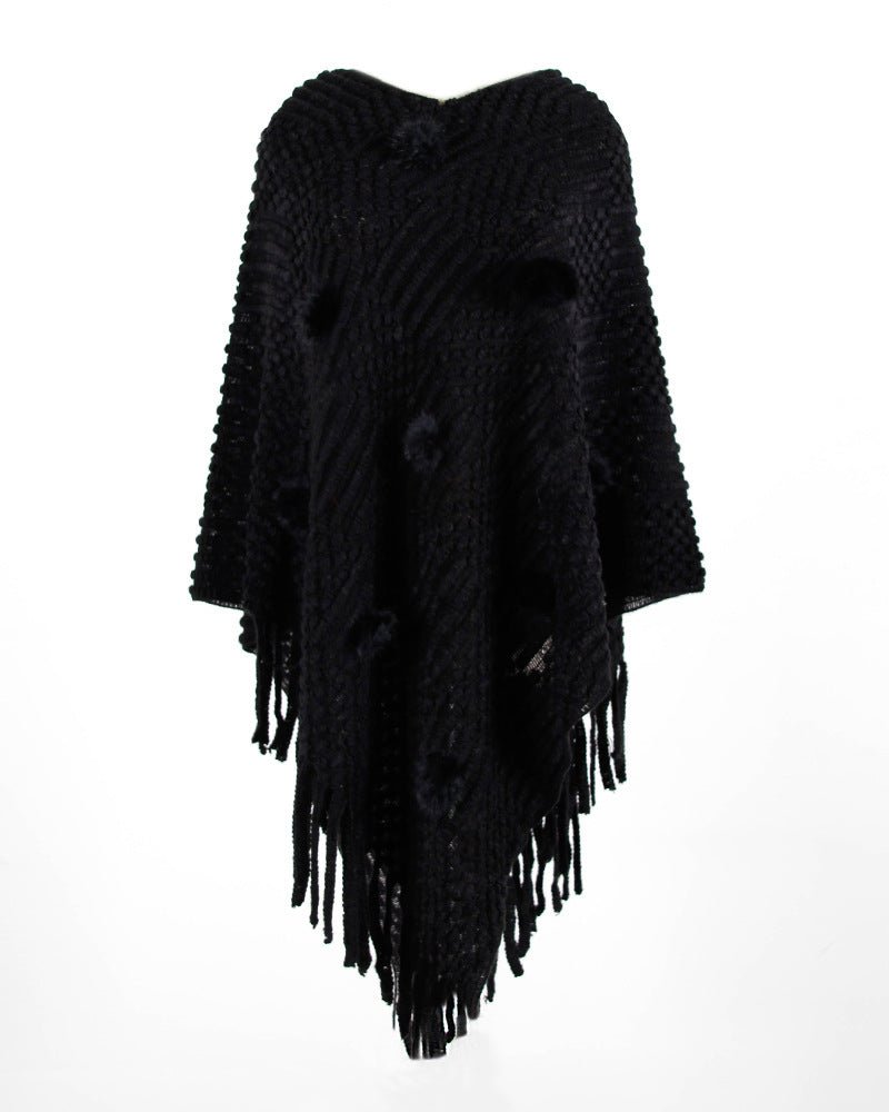 Fringed Cloak Shawl Hair Ball Solid Color Sweater - merch gone viral.