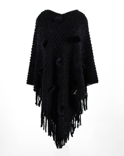 Fringed Cloak Shawl Hair Ball Solid Color Sweater - merch gone viral.