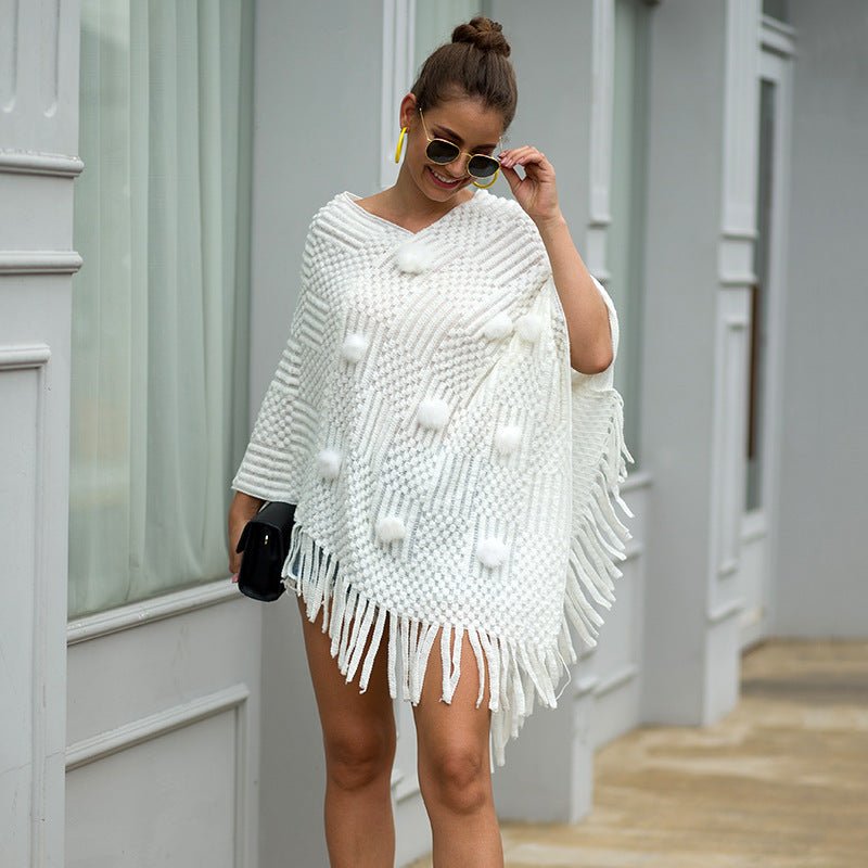 Fringed Cloak Shawl Hair Ball Solid Color Sweater - merch gone viral.
