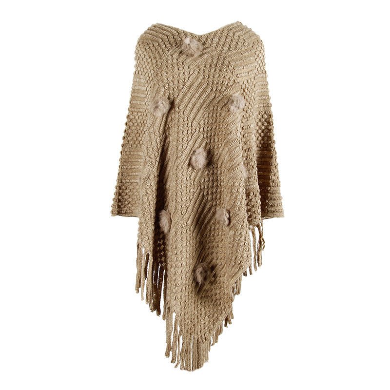Fringed Cloak Shawl Hair Ball Solid Color Sweater - merch gone viral.