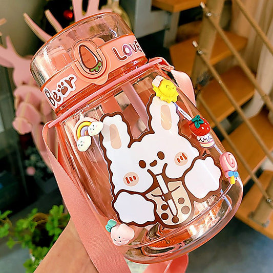 Girls Water Bottle With Straw and Shoulder Strap BPA Free Large Capacity - Merch Gone Viral