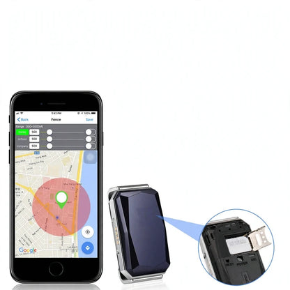 GPS tracker device next to a smartphone showing a map app with location pins and an inset showing its open SIM slot.