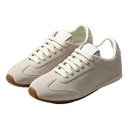 Unisex suede-look retro runner sneakers in off-white with white laces and gum soles on a display block