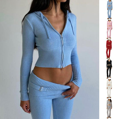 Hoodie Suit Women Leisure Sexy Zip Long Sleeve Sweater And High Waist Long Pants Set - merch gone viral.