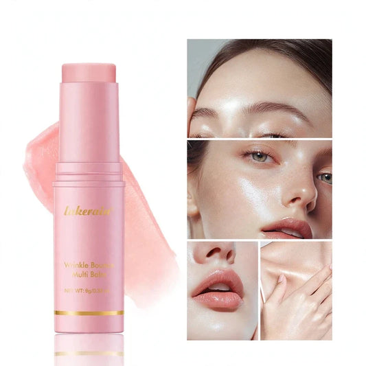 Pink hydrating face balm stick with a translucent pink swatch and application on a woman's face and skin.