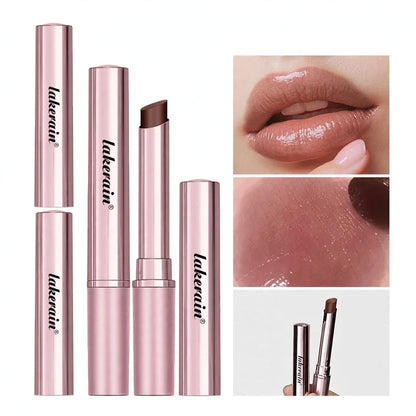 Pink metallic lip balm tubes alongside swatches and lips wearing brown tint.