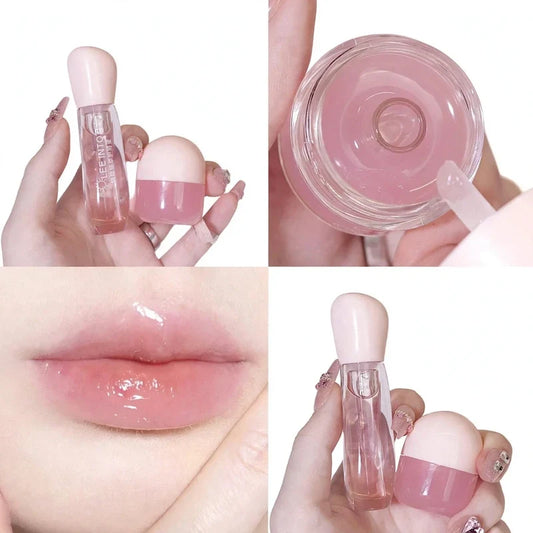 Four-panel image showing a hydrating lip balm duo in pink packaging, being held, applied, and worn on lips.