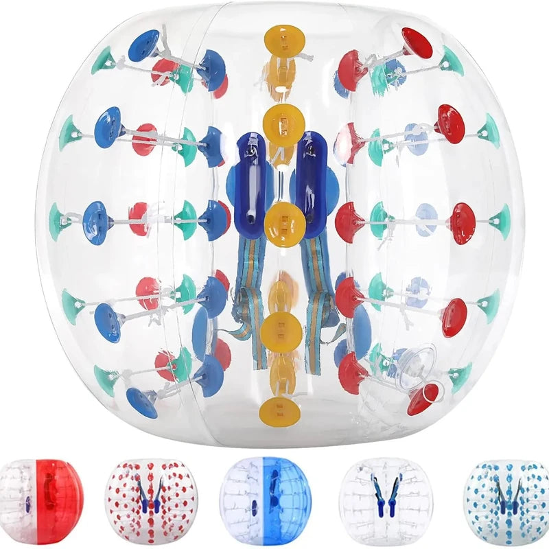 Clear inflatable bumper ball with colorful grips and inner handles