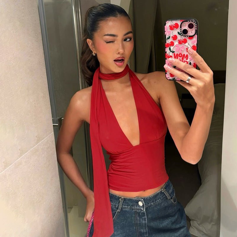 It's Your Perfect Deep V Neck Halter Top Crafted From Premium Milk Silk Blend For Sophisticated Summer Luxury. - merch gone viral.