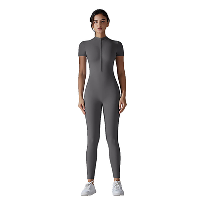 Yoga unitard workout jumpsuit featuring short sleeves and front half-zip closure
