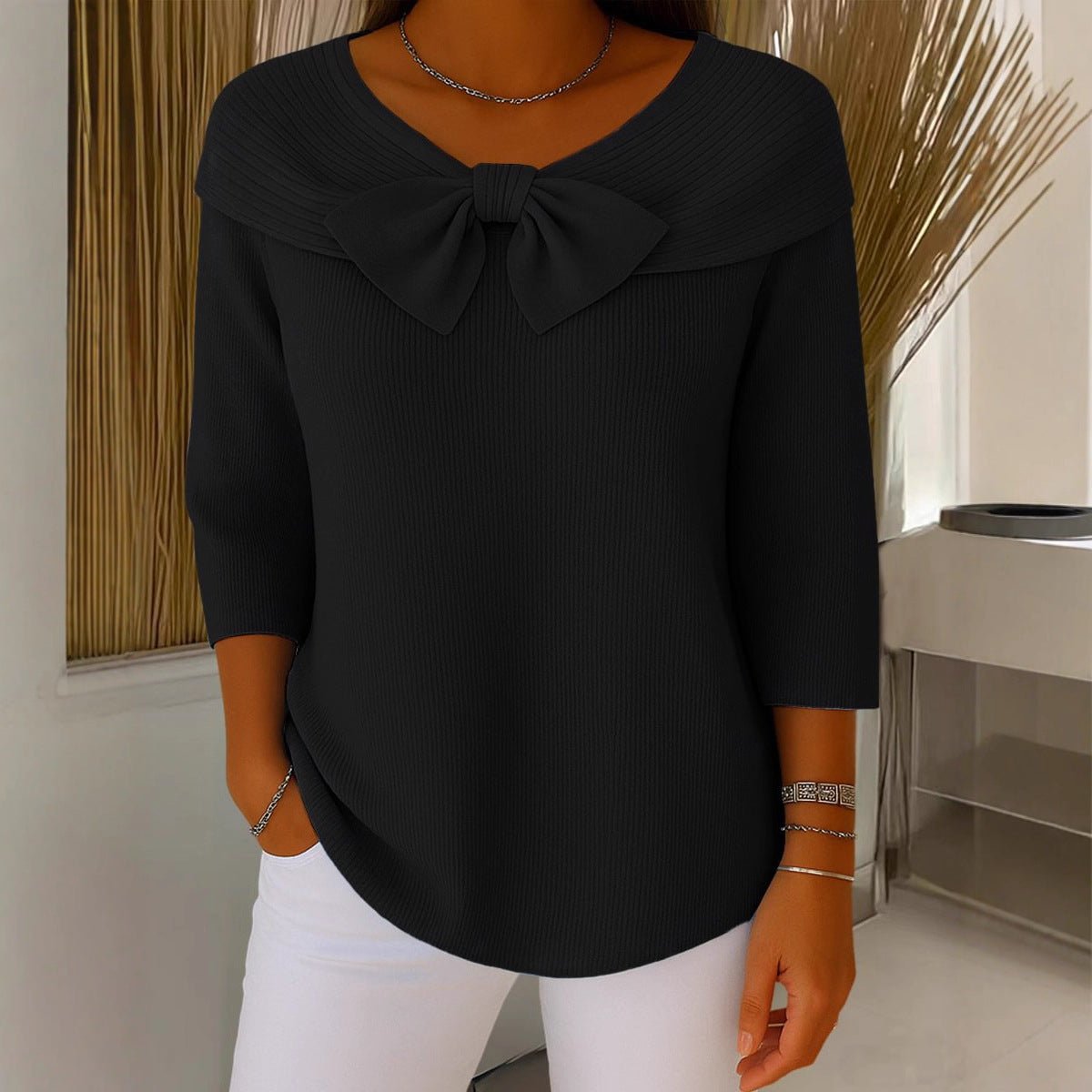 Knitted Bow Solid Color Sweater Autumn And Winter - merch gone viral.