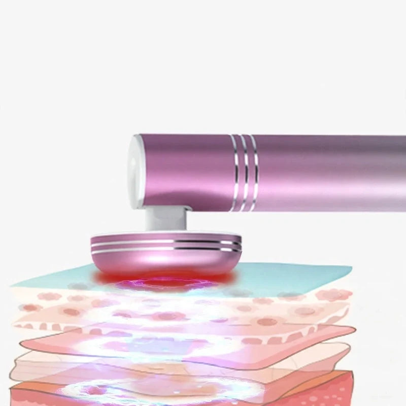 Pink handheld eye massager with red light targeting skin layers in a diagram.