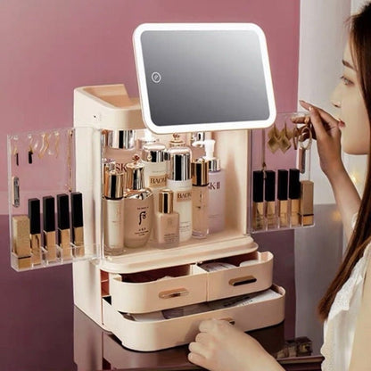Lighted Mirror Desktop Cosmetic Organizer Premium ABS Deluxe Edition With Large Lipstick And Skincare Tray - merch gone viral.