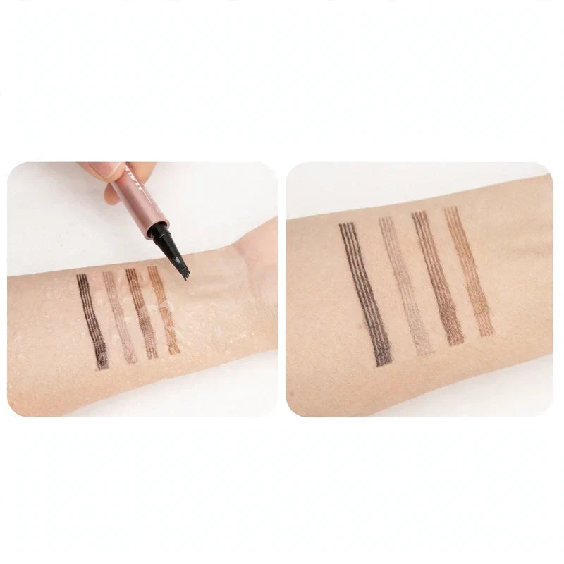 liquid eyebrow pen demonstrating hair-like strokes in four shades swatched on an arm with water droplets